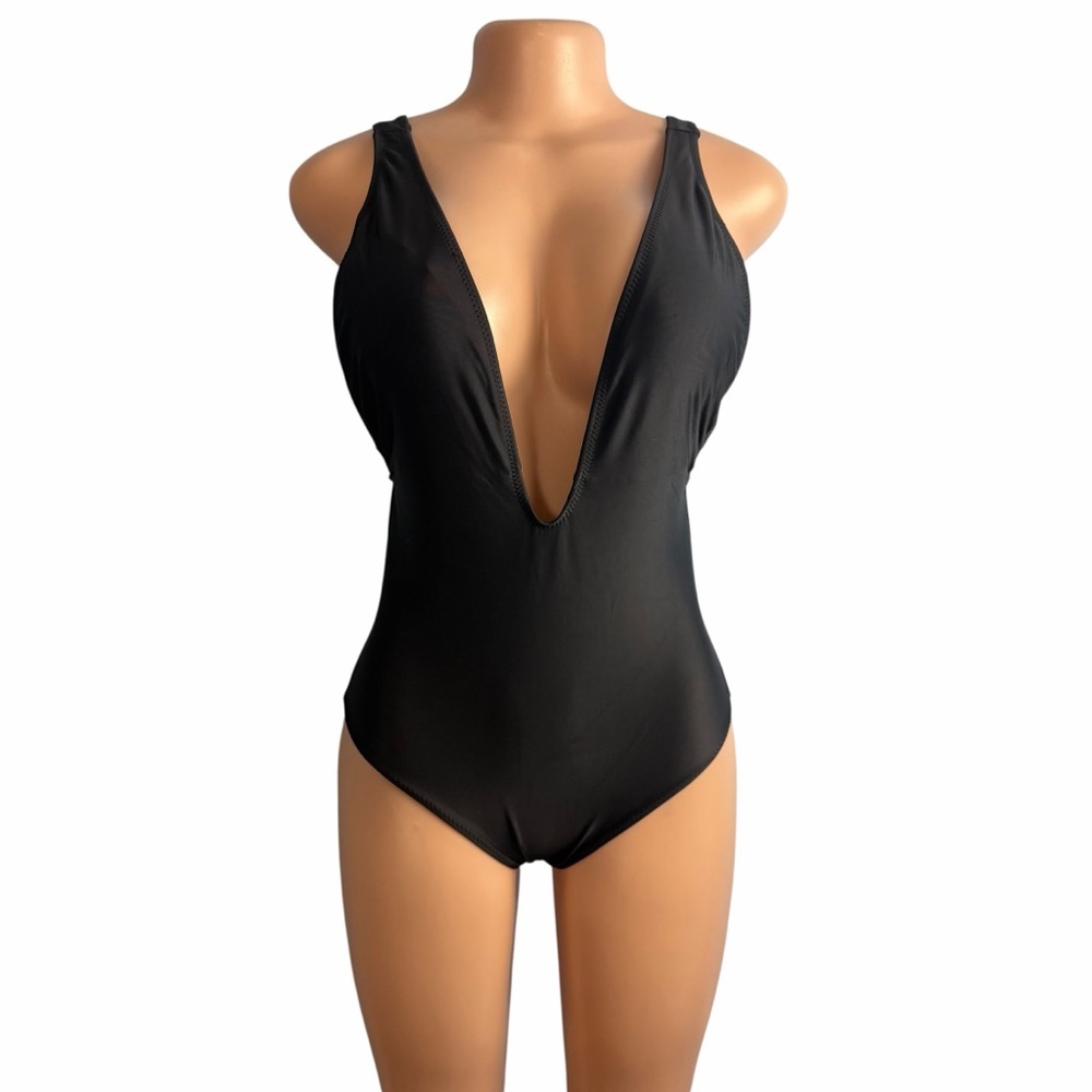 Zeraca Black Deep V Plunge One-Piece Swimsuit